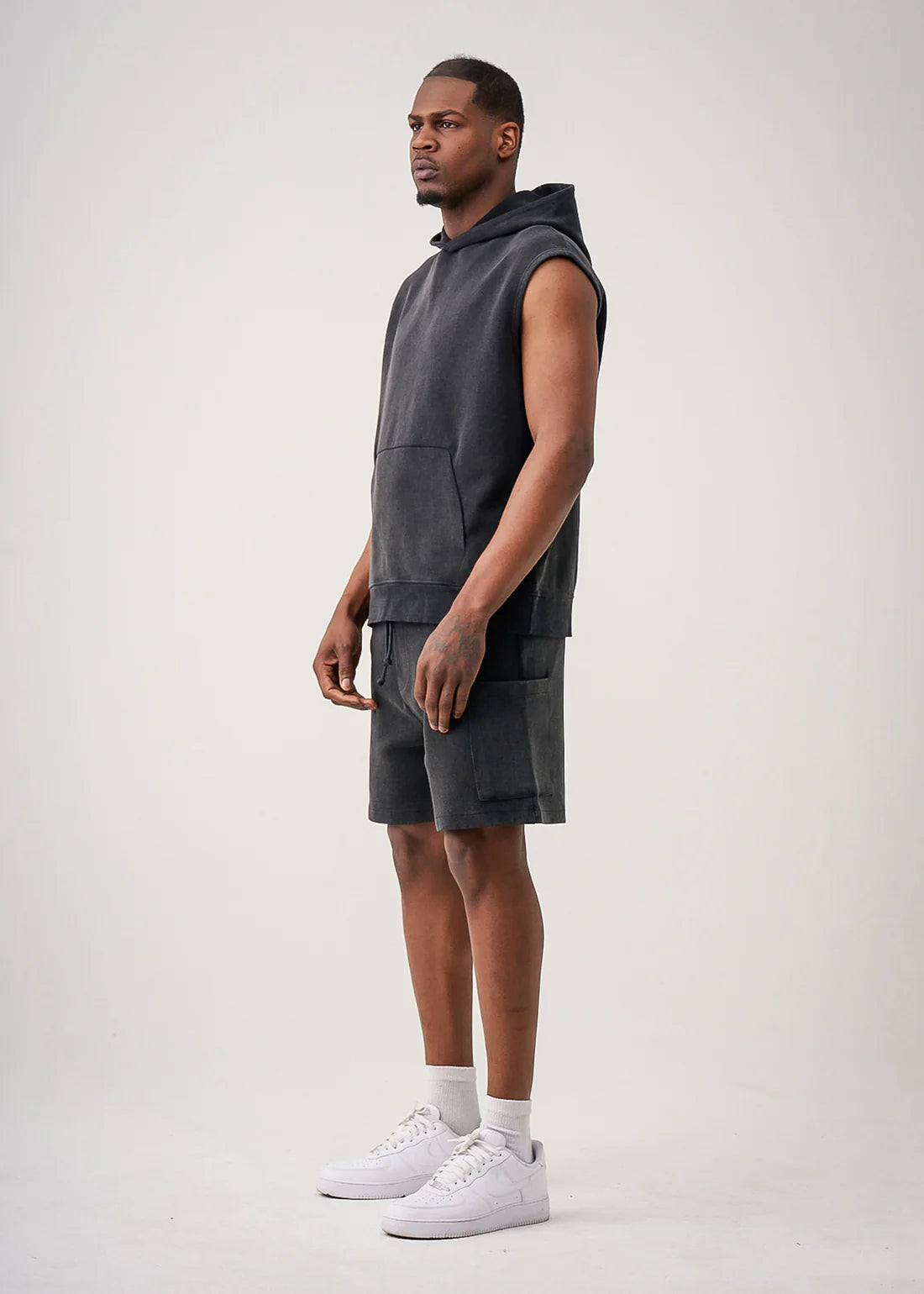 14 OZ Luxury Athletic Garment Dyed Sleeveless Interlock Hoodie and Short Set