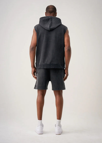 14 OZ Luxury Athletic Garment Dyed Sleeveless Interlock Hoodie and Short Set