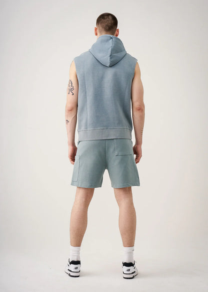 14 OZ Luxury Athletic Garment Dyed Sleeveless Interlock Hoodie and Short Set